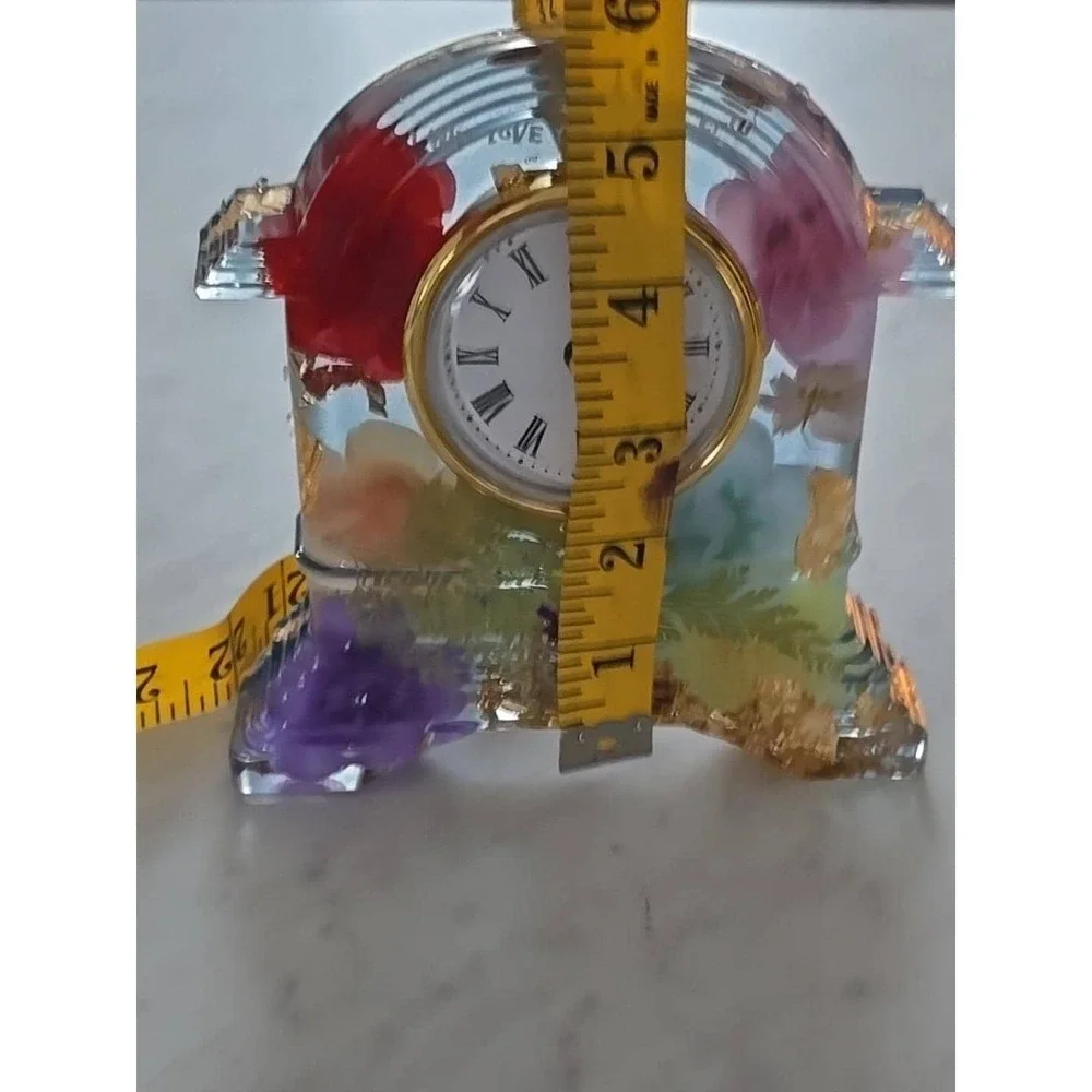 Handmade‎ Resin Desk Clock Decoration Gift Clear With Multi Colored Flowers 733